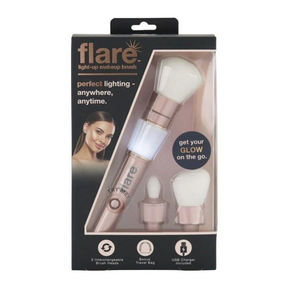 Flare Light Up Makeup Brush Rechargeable Heads Rose Gold Travel Bag USB Charger
